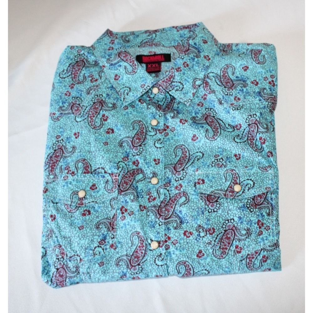 Rock & Roll Cowgirl Western Paisley Turquoise Long Sleeve Shirt Pearl Snap XXL